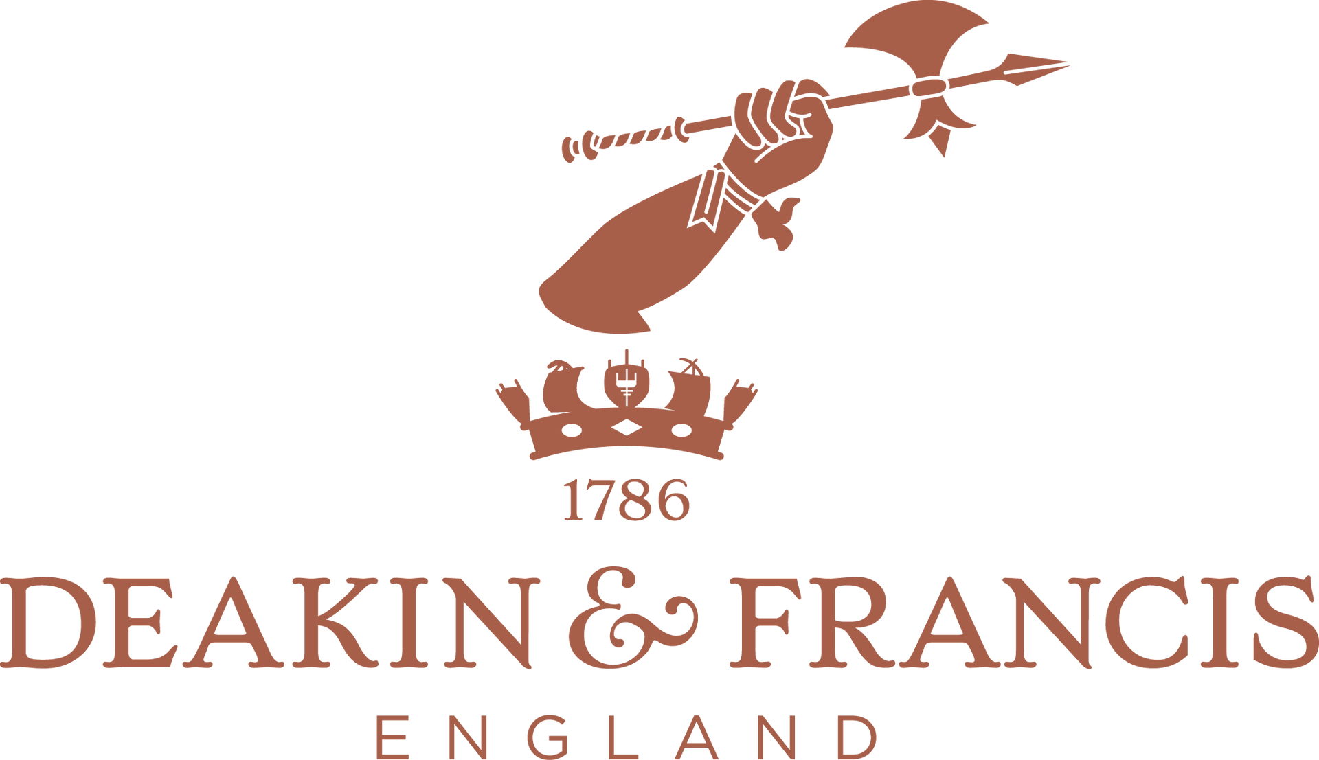 Brown Deakin & Francis logo with crown, hand holding ax, and 
