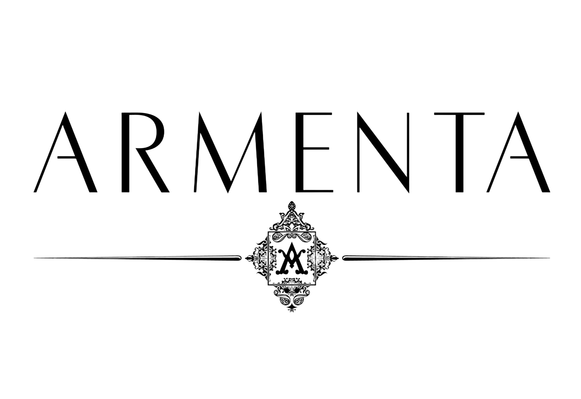 ARMENTA logo: Black text with a decorative emblem in the center.
