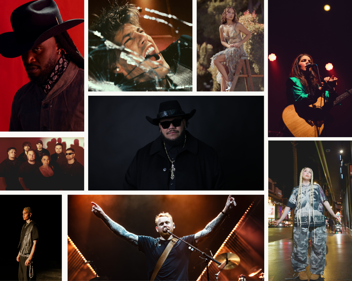 Collage of concert photos featuring a singer in black cowboy hats and sequined stage outfits under bright lights