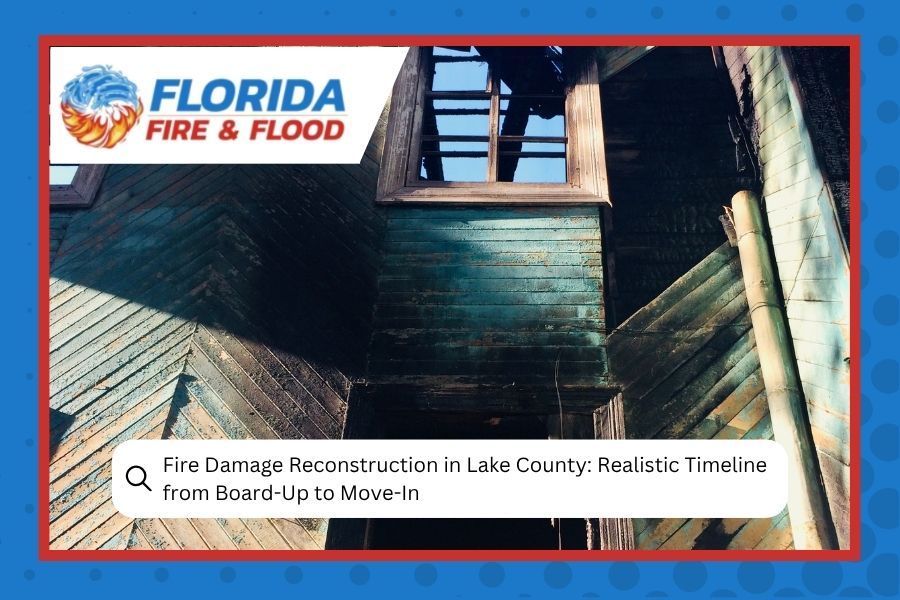 Fire damage reconstruction in Lake County, showing a charred interior with Florida Fire & Flood branding