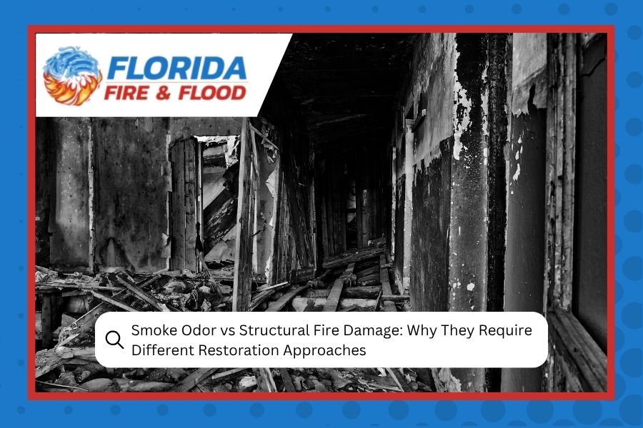 Florida Fire & Flood graphic showing fire-damaged hallway and article on smoke vs. structural fire damage