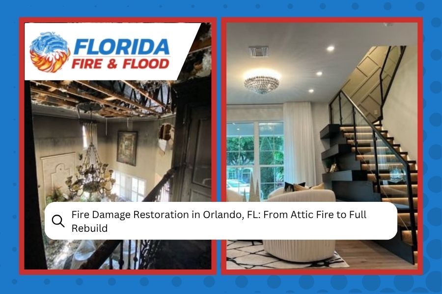 Florida Fire & Flood fire damage restoration in Orlando, with damaged and rebuilt home interiors.