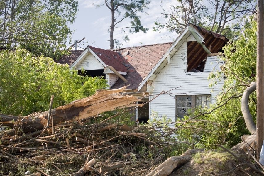 Uprooted tree fallen onto a residential home with storm debris scattered across the yard