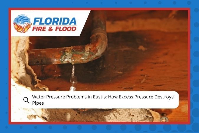 Florida Fire & Flood ad showing rusty leaking pipe and headline about water pressure problems causing pipe damage