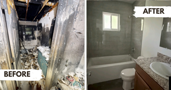 bathroom fire damage restoration before and after photo