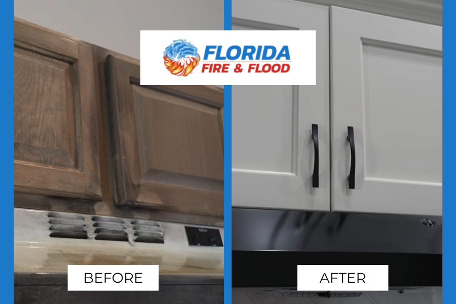 Before-and-after of kitchen cabinets, Florida Fire & Flood. Dark wood to white, with black hardware.