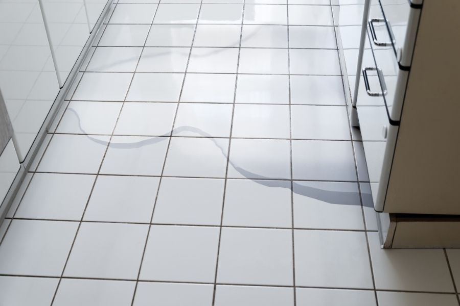 Water damage on kitchen tile floor from dishwasher leak
