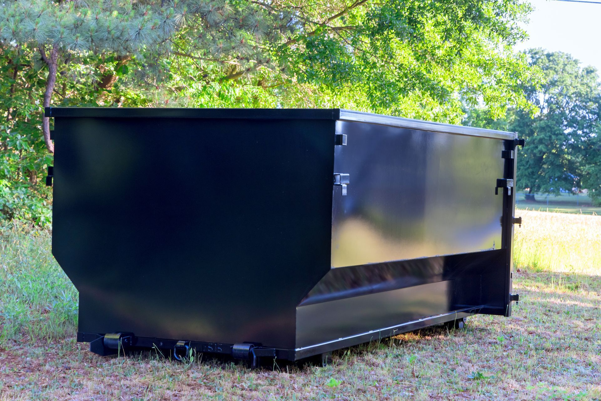 Large green dumpster on a grassy driveway beside a brick house