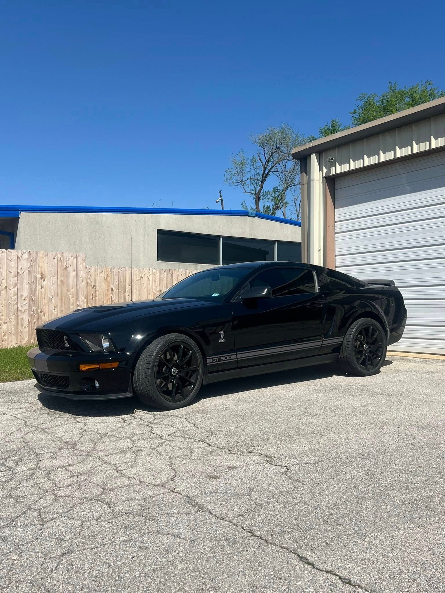 Black Ford Shelby Mustang parked in front of a building with a blue sky.