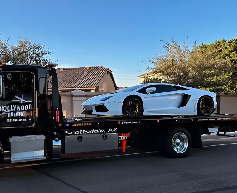 White sports car on a black tow truck parked on a suburban street under a blue sky