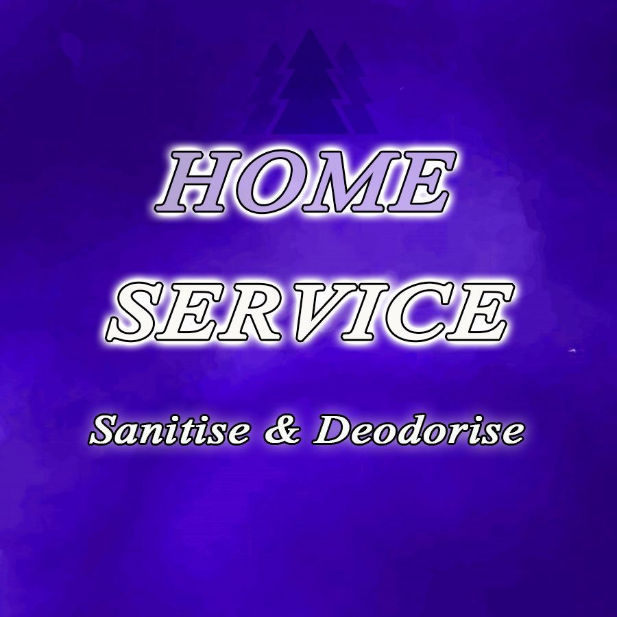A purple background with the words `` home service sanitise & deodorise '' written on it.