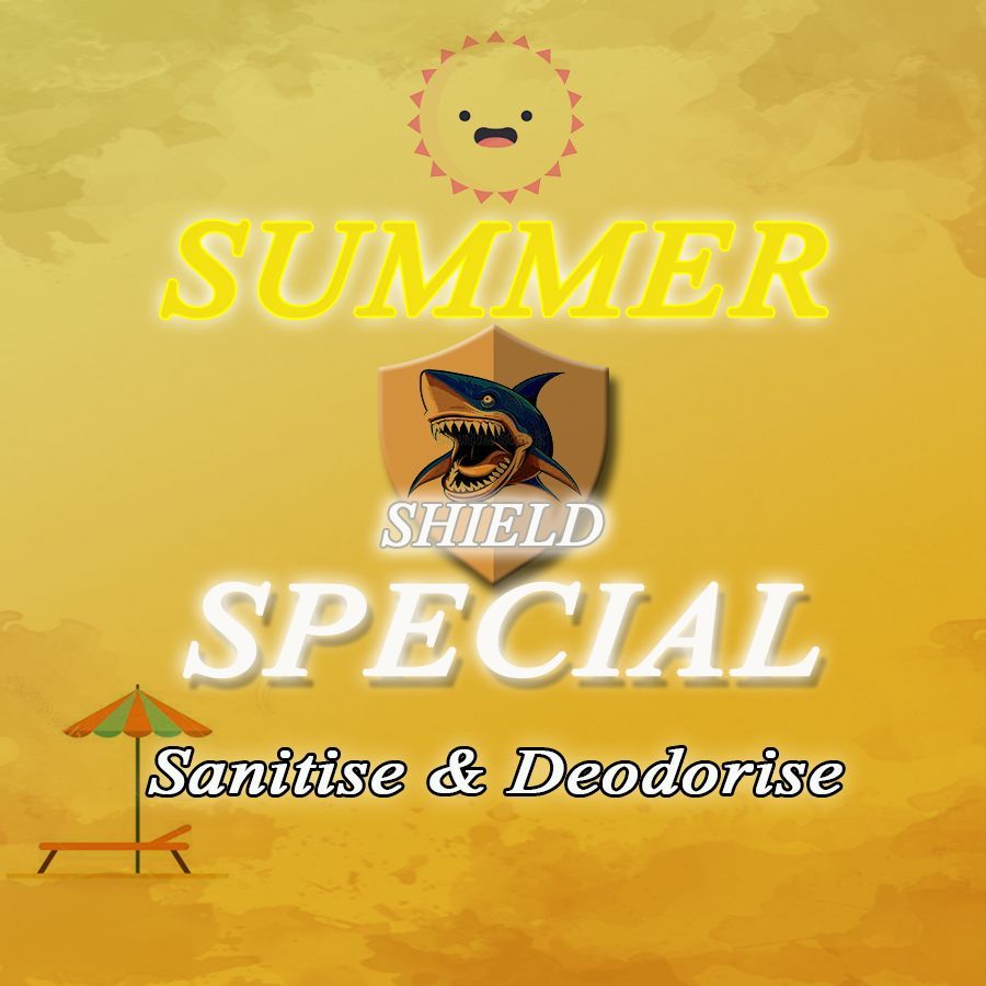A yellow poster that says summer special sanitise and deodorise