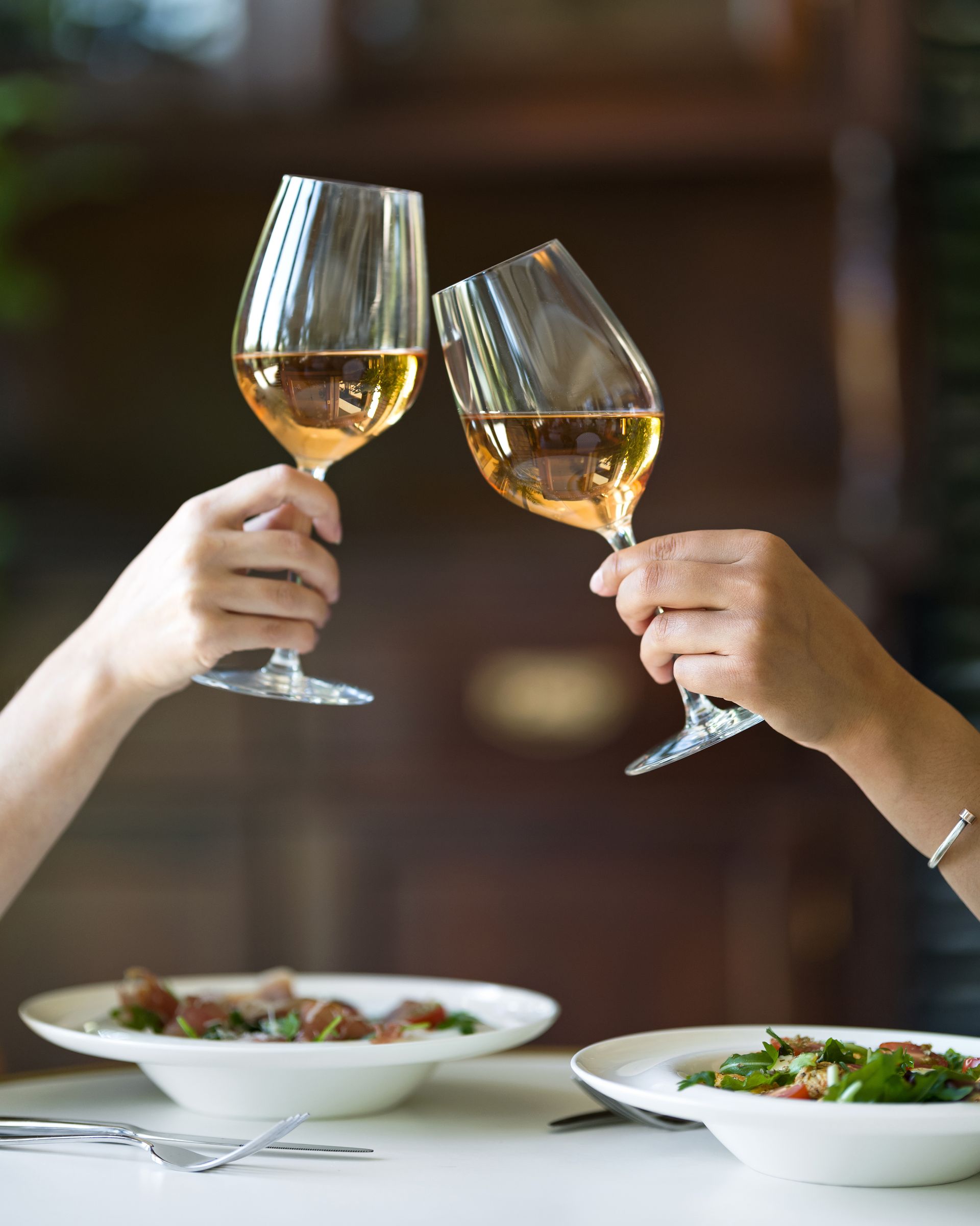 Due persone brindano con bicchieri di vino sopra piatti di cibo.