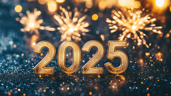 Glittering gold “2025” with fireworks on a dark sparkling background