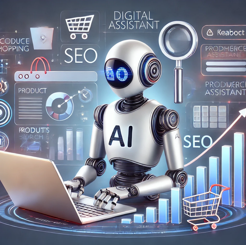 Robot labeled AI using a laptop in a blue digital marketing dashboard with SEO charts and shopping icons