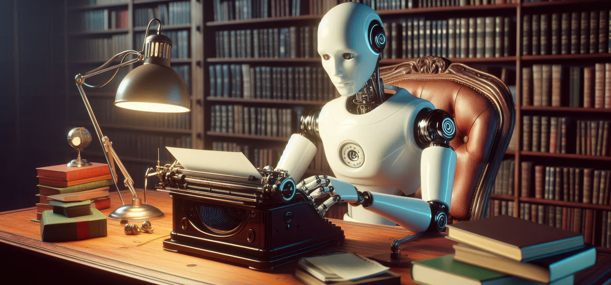 Humanoid robot typing at a desk in a library, surrounded by books and warm desk lamps