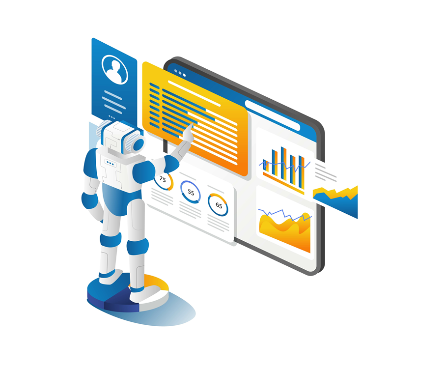 Robot analyzing dashboard charts on a large screen with blue and orange data panels