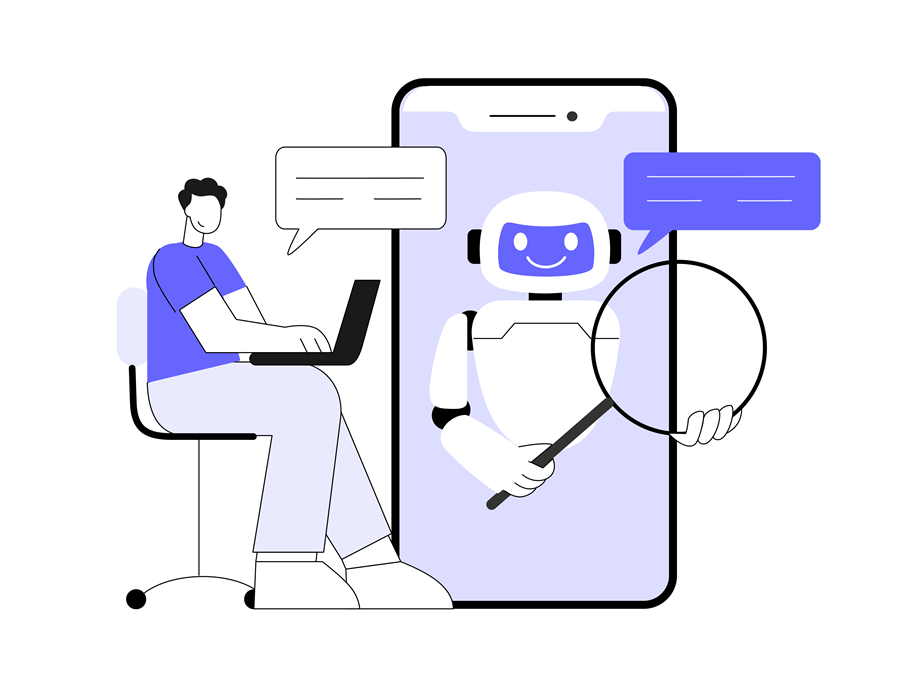 Person on laptop chats with friendly chatbot on smartphone, with speech bubbles in a purple UI.
