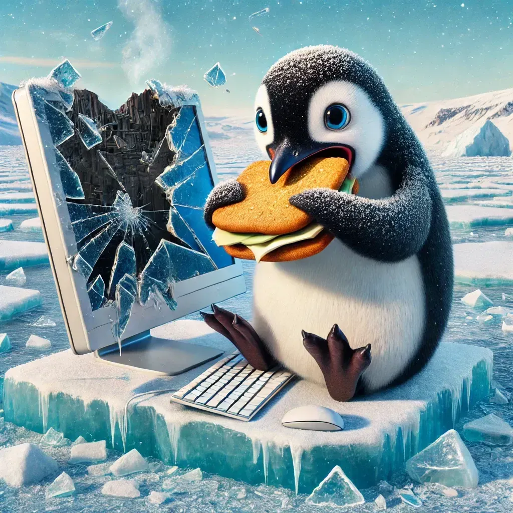 Cartoon penguin pecking a cracked computer monitor on an icy platform