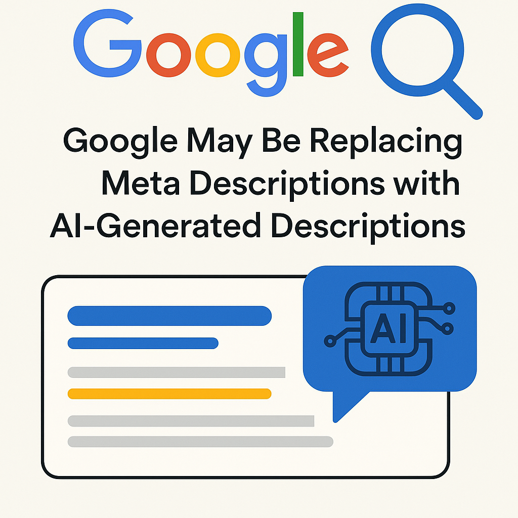 Google search graphic with text about replacing meta descriptions with AI-generated descriptions