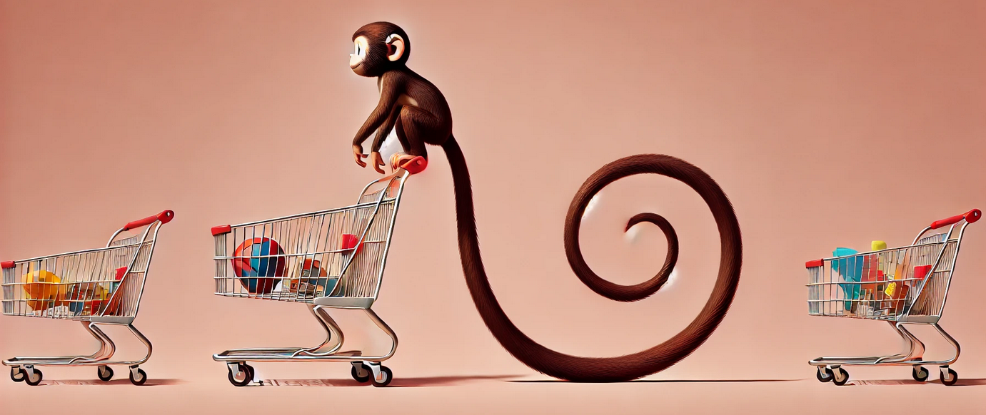Three shopping carts with a monkey-like figure and a spiral tail on a pink background