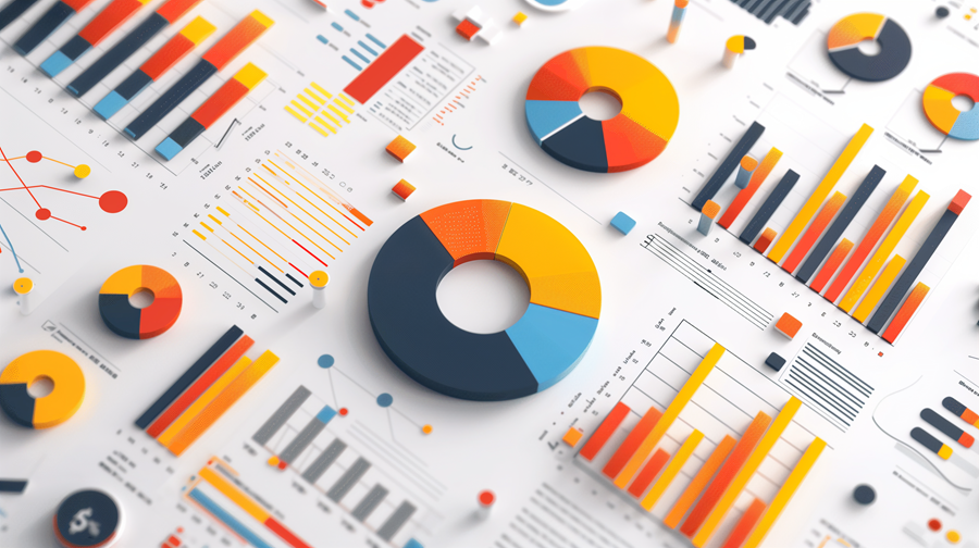Colorful charts and pie graphs on a white background, showing business analytics data.