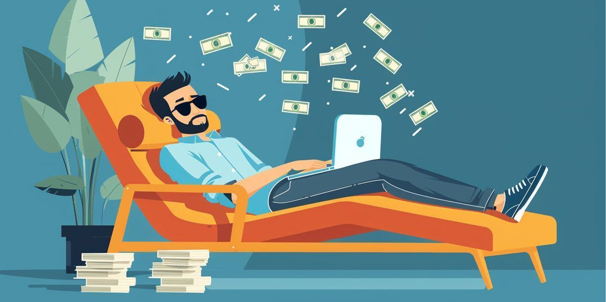 Person lounging on orange chair using laptop, money floating around in a teal living room