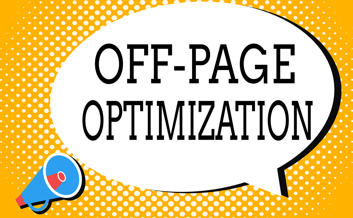 Speech bubble reading “OFF-PAGE OPTIMIZATION” on a yellow dotted background with a megaphone icon.