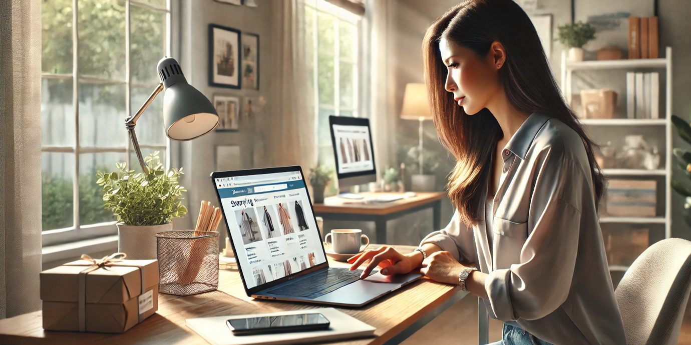 Woman working on a laptop at a sunlit desk with papers, plants, and a desk lamp in a home office