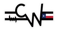 Stylized black ECG line with Texas flag at right end