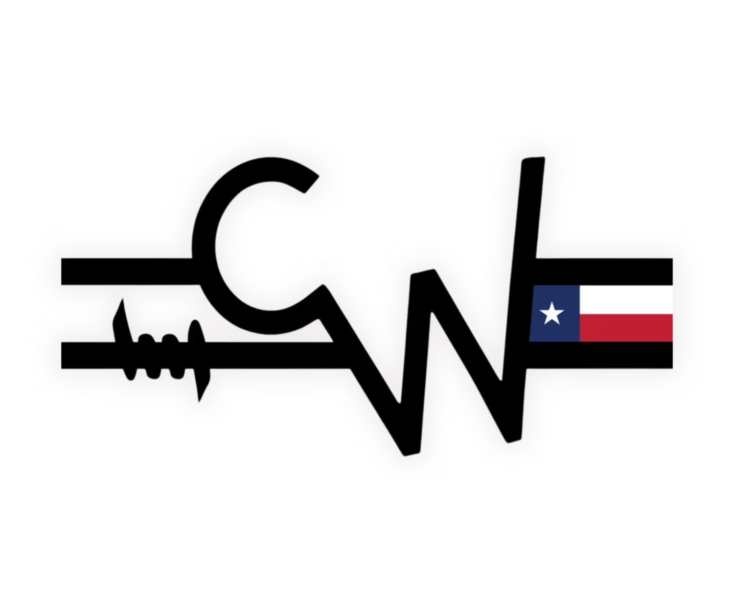 Stylized black ECG line with Texas-themed heart and Chile flag motif on white background