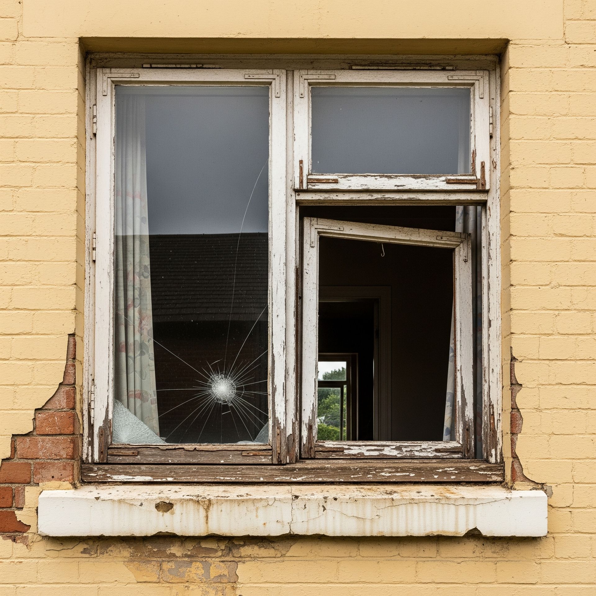 A broken window on a yellow brick building