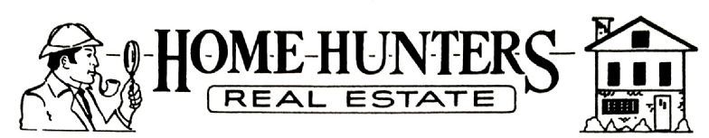 A black and white logo for home hunters real estate
