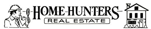 A black and white logo for home hunters real estate