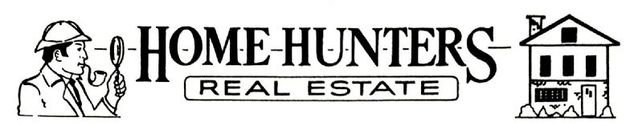 A black and white logo for home hunters real estate