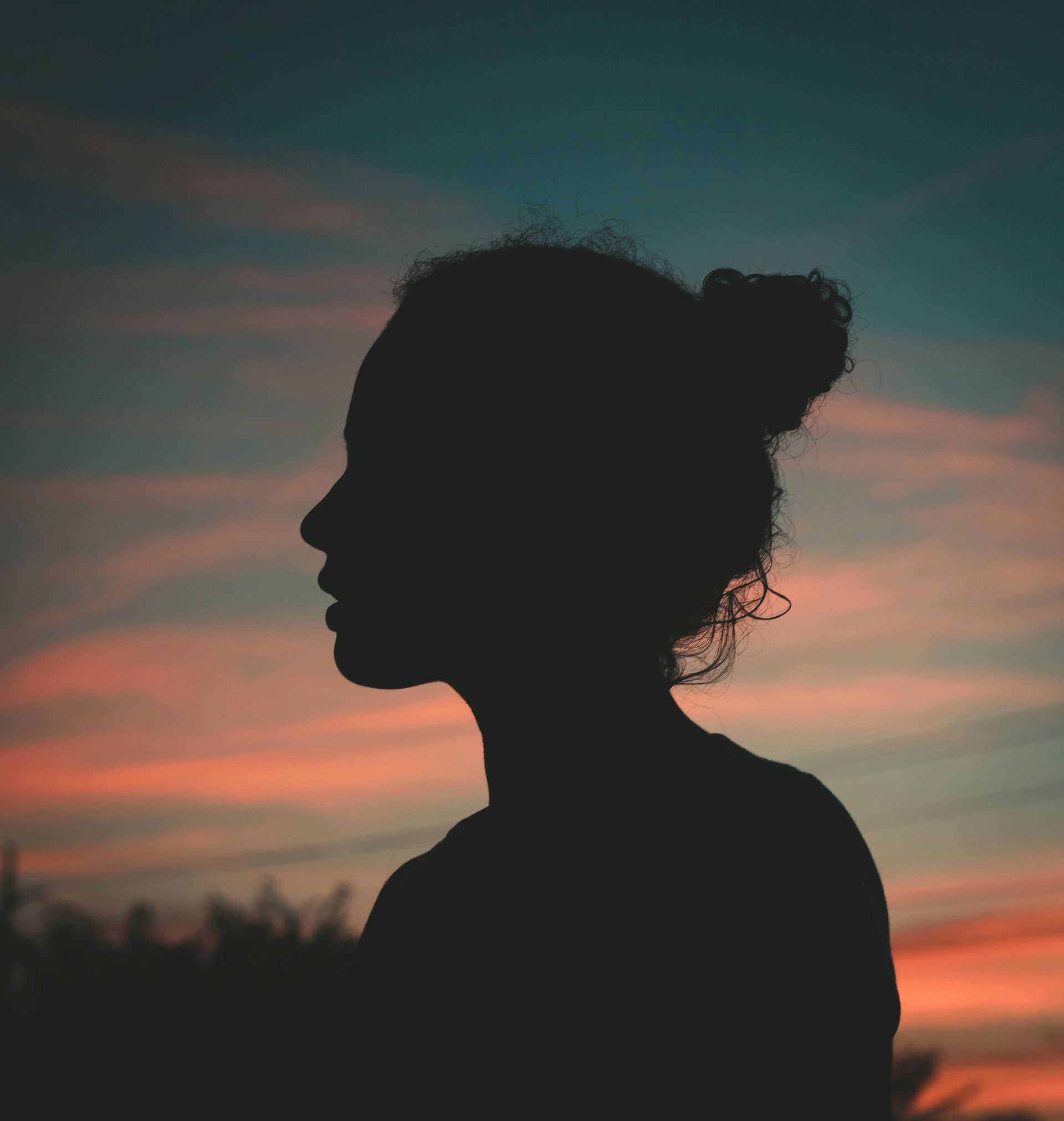 A silhouette of a woman with a bun in her hair at sunset