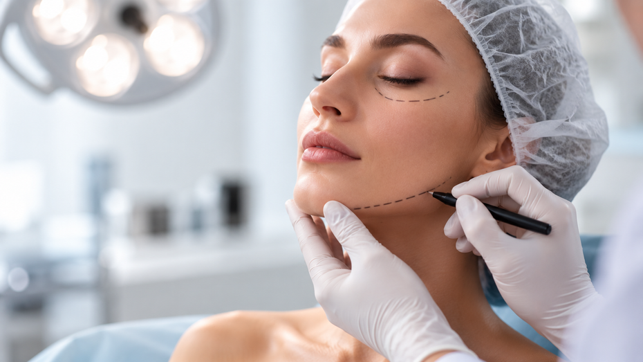 Un operatore sanitario con i guanti applica un trattamento viso a una donna in una clinica simile a una spa.