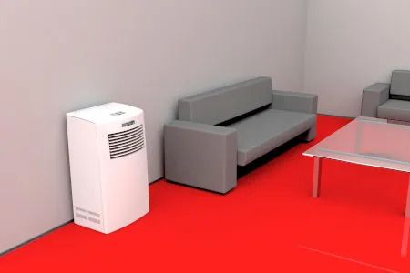 A living room with a couch , chair , table and air conditioner. 
