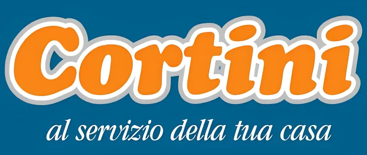 Logo &ldquo;Cortini&rdquo; in orange and blue with the slogan &ldquo;al servizio della tua casa&rdquo; on a blue background