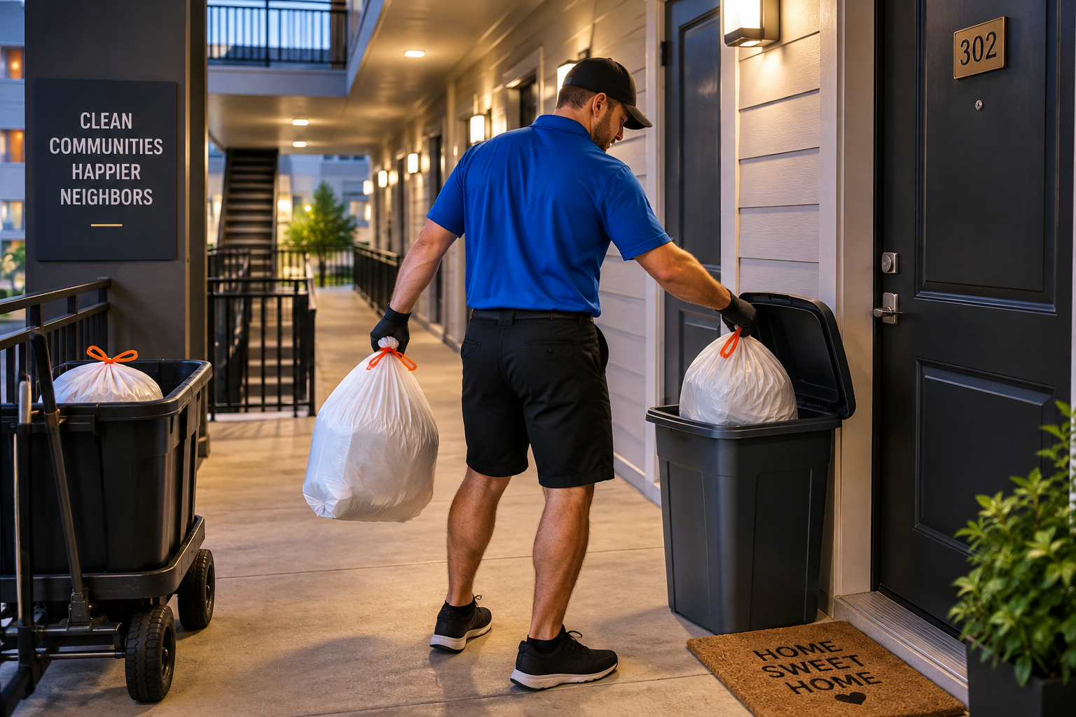 Trash valet service collecting doorstep trash at an apartment community