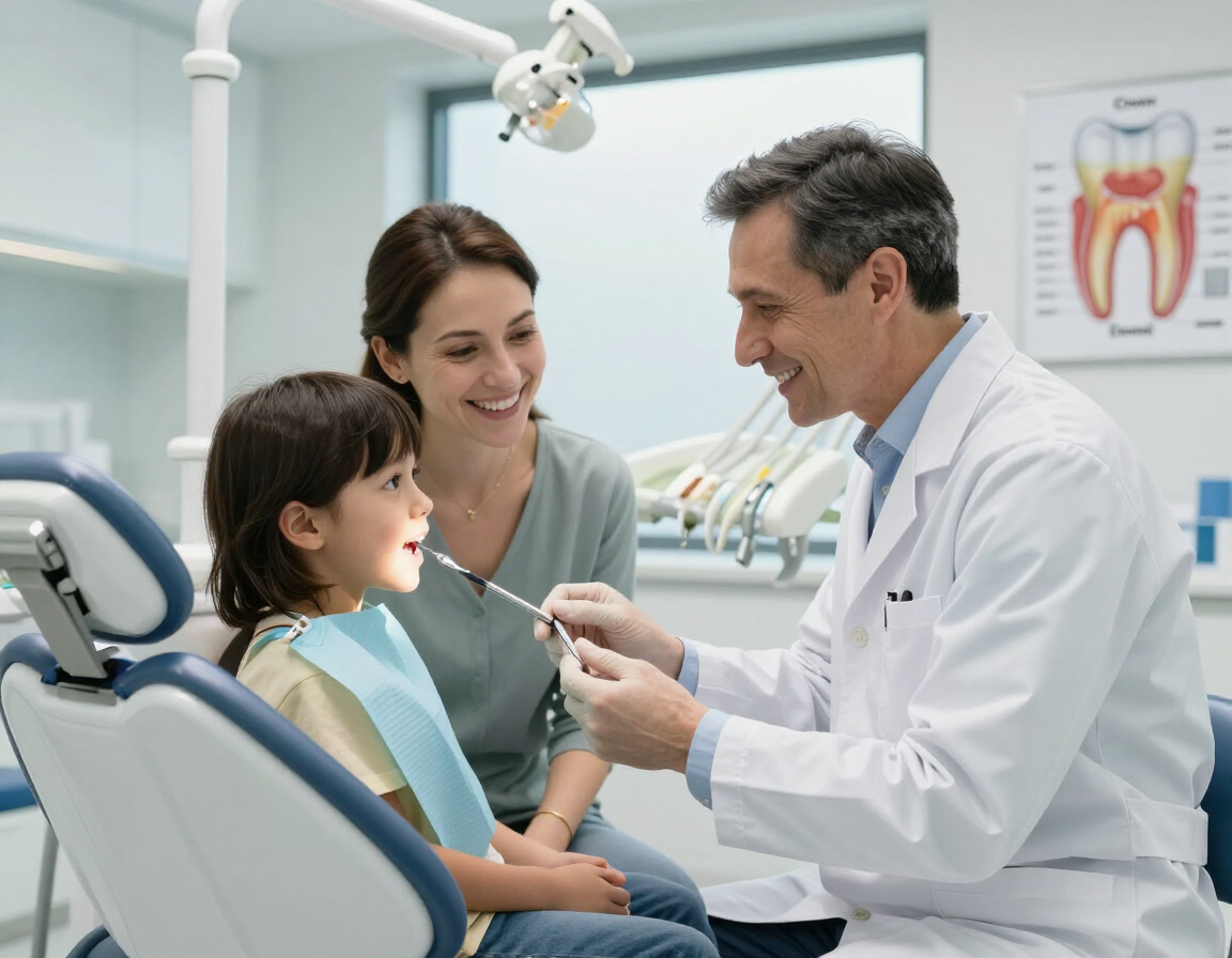 BrightSmile dentist meeting with a family in a modern exam room