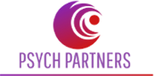 Psych Partners The logo for psych partners is a purple and red circle with a red dot in the middle.