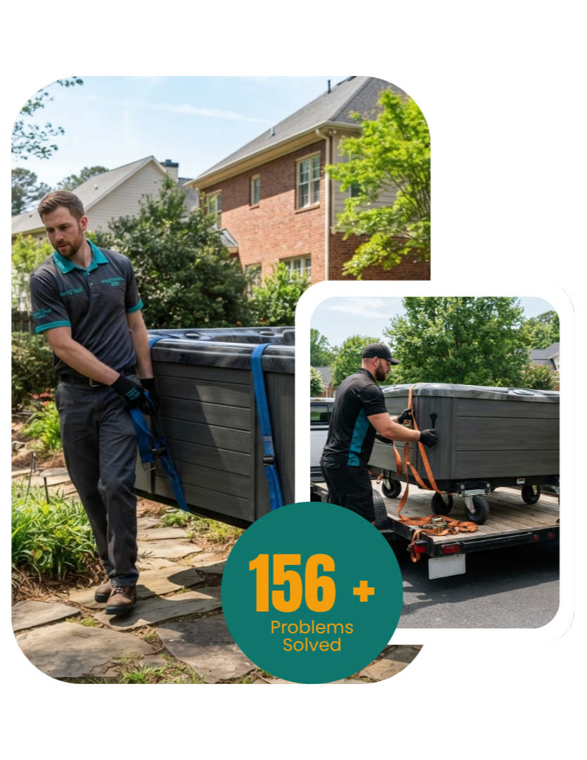 Technicians installing a spa on a level concrete foundation