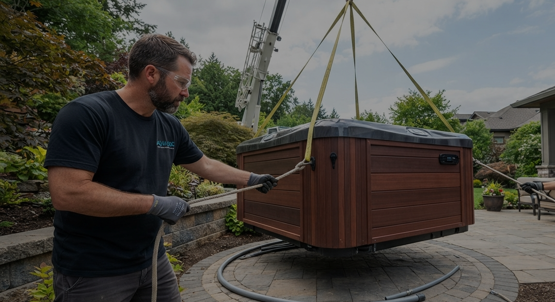 Heavy hot tub moving equipment preparing for residential relocation