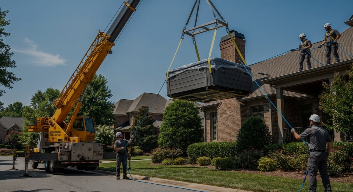 Professional crew moving a hot tub onto a concrete slab