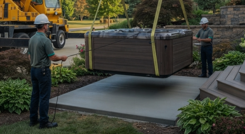 Outdoor hot tub installation beside a newly finished patio
