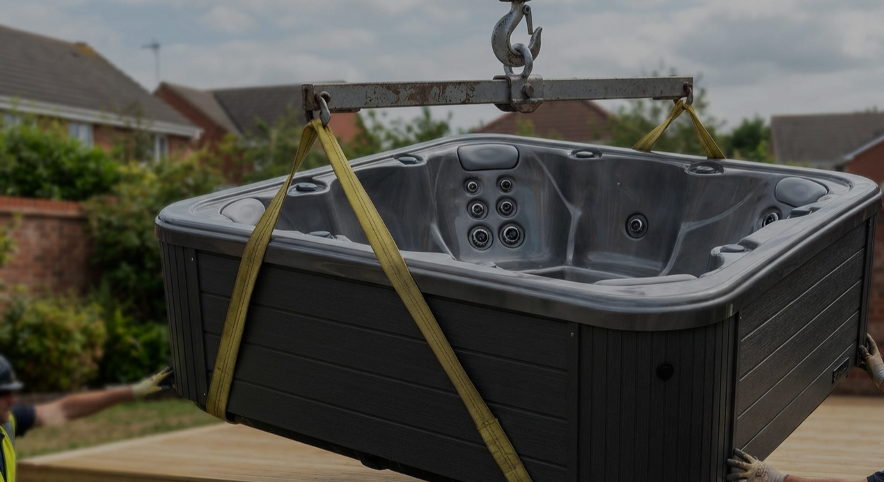 Hot tub being lifted safely over a garage with a crane