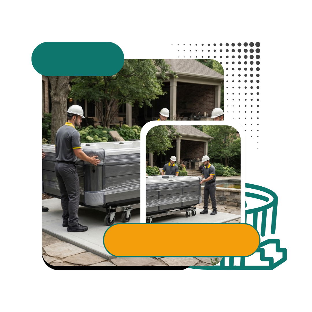 Large hot tub safely lifted over privacy fencing with a crane