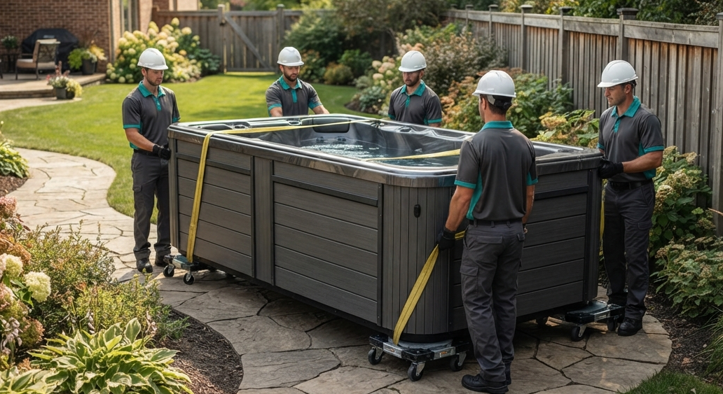 Hot tub installation beside a landscaped backyard seating area