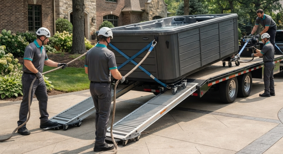 Residential hot tub project with professional moving equipment